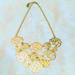 Gold Tone Rose Link Bib Necklace *